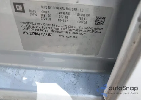 2015 Chevrolet Sonic Ltz Auto z USA, uszkodzony, nr VIN 1G1JE6SB6F4118460